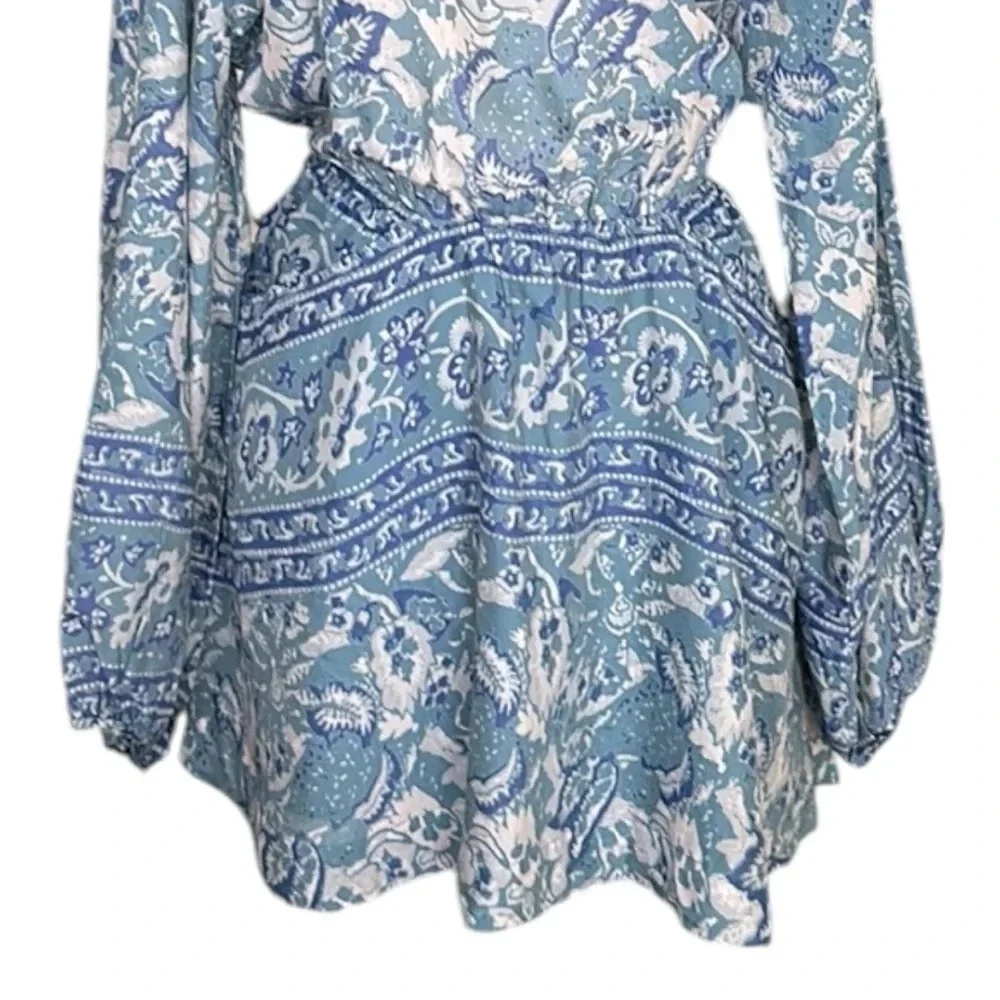 FREE PEOPLE Bohemian Mini Dress Silver Sun‎ Cutout Blue Washed Pockets, Medium